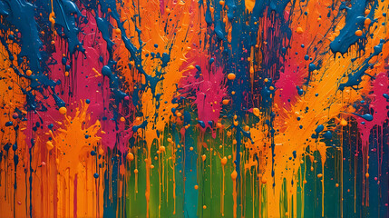 a vibrant and colorful explosion of paint drips in a spectrum of colors ranging from deep blue and...