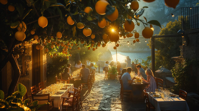 Fototapeta An italian restaurant under lemon trees.