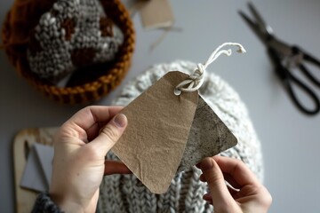 person holding a knit hat with a brown paper tag, scissors in the background