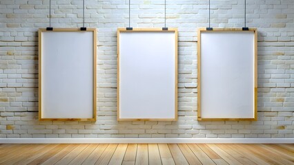 Three Vertical Poster Mockups on White Brick Wall