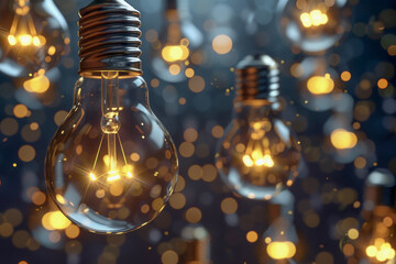 Using Multiple Bulbs to Represent the Chain Reaction of Ideas: As One Bulb Lights Up, Its Light Spreads to Others, Illuminating All in Turn. This Concept Visualizes the Process of Ideas Being Generate