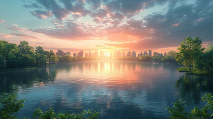 A serene sunset view over a city's lake, with golden hues reflecting on the water and silhouettes of buildings - obrazy, fototapety, plakaty
