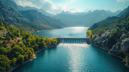 A vast dam nestled among towering mountains, its water reflecting the sky - obrazy, fototapety, plakaty