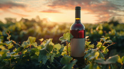 A bottle of red wine in the vineyard s in the evening light of sun. Wine bottle mockup. Vineyard...