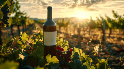 A bottle of red wine in the vineyard s in the evening light of sun. Wine bottle mockup. Vineyard...