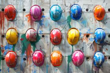 a wall of many construction helmets hanging