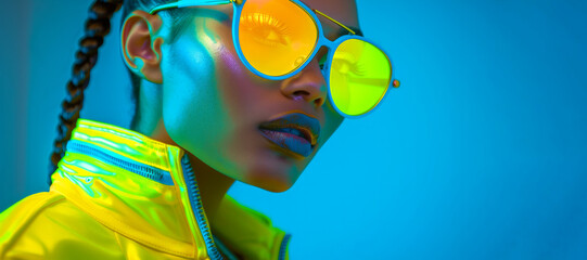 Fototapeta premium A woman wearing green sunglasses is standing in front of a yellow wall. The image has a bright and cheerful mood, with the woman's sunglasses reflecting the light. a high end fashion shoot.