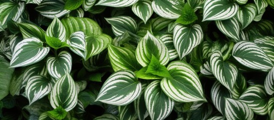 A close up of a terrestrial plant with green and white leaves, possibly a groundcover or subshrub. The leaves create a beautiful pattern on the plant