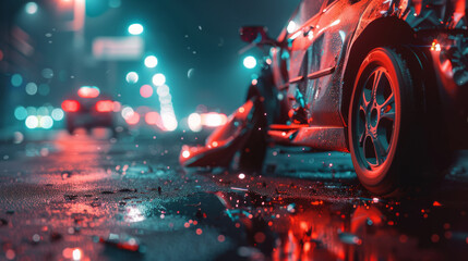 Broken car. Car crash accident on the road at night.  Space for text. - obrazy, fototapety, plakaty