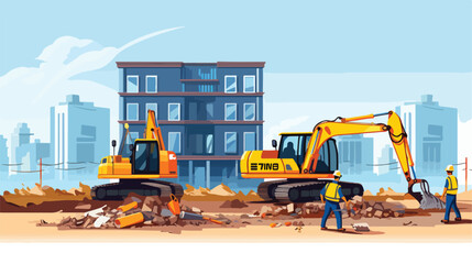Construction house workers flat cartoon vactor  - obrazy, fototapety, plakaty