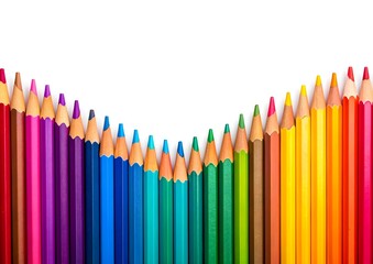 A Wavy Arrangement of Colorful Wooden Pencils on White Background. Sharpened Pencils in Wavy Style