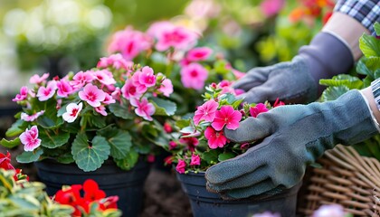 Closeup of womans hands planting pink flower seedlings in garden soil outdoors