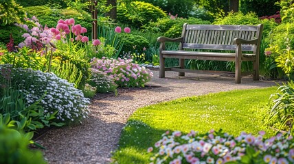 A wooden bench sits alongside a flower-lined garden path in tranquil park setting.