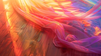 Colorful sheer fabric flowing gently on a wooden surface with warm sunlight shining through.