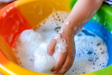 kid washing hands with foamy soap over a brightly colored basin - 769807066