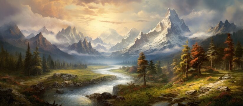 A beautiful art piece depicting a river flowing through a mountain valley with lush plants and a clear sky filled with cumulus clouds