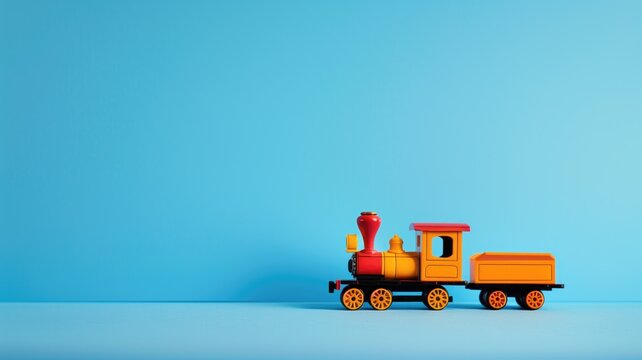 A colorful toy train is set against a plain blue background with ample copy space.