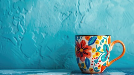 A colorful floral-patterned mug on a blue textured background.