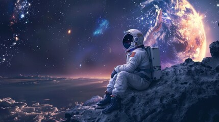 astronaut sitting on a desert planet at night