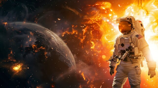 astronaut observing a planet explosion