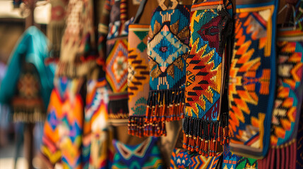 Rows of handmade bags, displaying vibrant patterns and craftsmanship at a traditional market
