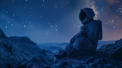 astronaut sitting on a desert planet at night looking at the starry sky - obrazy, fototapety, plakaty