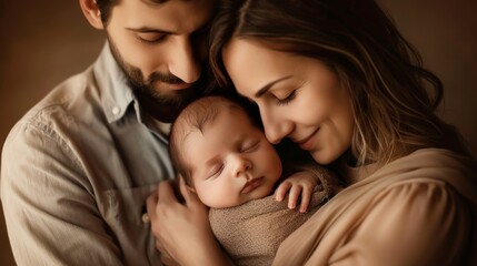 Baby is fast asleep in his mother's arms, and his father stands next to him, lovingly looking at his family