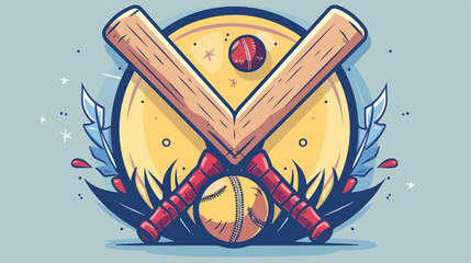 Cricket emblem wit ball and bats flat cartoon  - obrazy, fototapety, plakaty