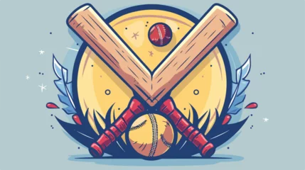 Foto op Aluminium Cricket emblem wit ball and bats flat cartoon  © iclute