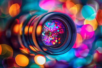 A colorful lens with a blurry background. The lens is surrounded by a colorful background with many different colors. The lens is the main focus of the image, and the background is blurry. - obrazy, fototapety, plakaty