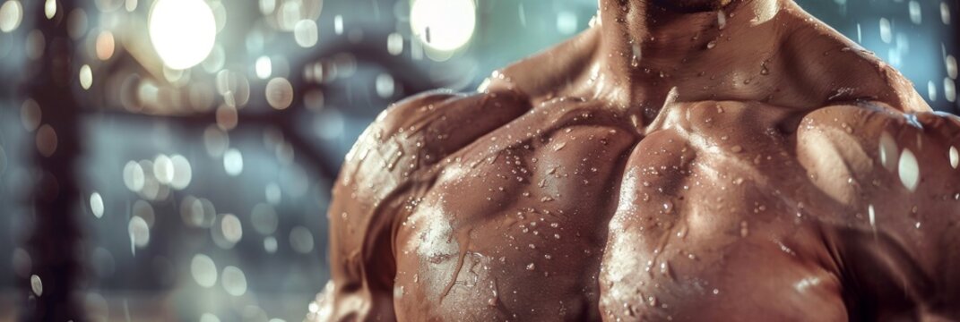Muscular torso of a light-skinned man, glistening with sweat, against a blurred gym environment