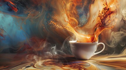A steaming mug of hot coffee sits on a table, ready to jumpstart your morning - obrazy, fototapety, plakaty