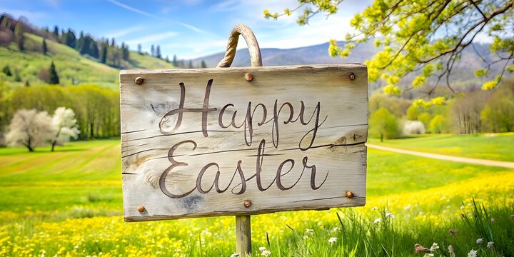 Happy Easter Handwritten Text on Rustic Signboard in the Vibrant Countryside