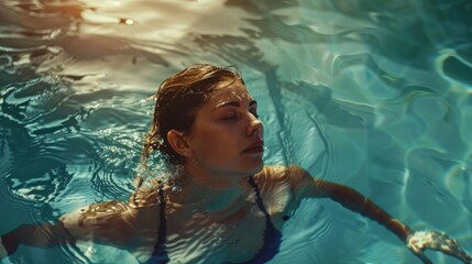 Young woman swimming in a pool, her hands precisely cut through the water, she maintains a steady rhythm