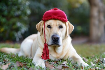 labrador lying on grass, wearing a red tassel cap