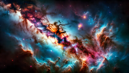 Cosmic nebula with interstellar clouds of gas and dust. - obrazy, fototapety, plakaty