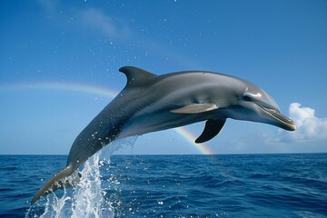 dolphin midleap with a rainbow forming in the splash