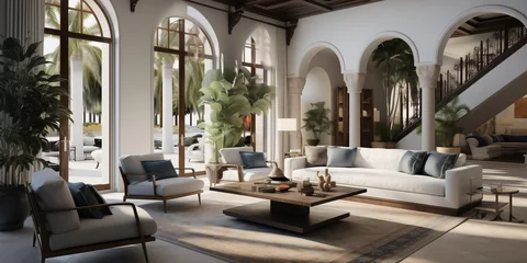 Foto op Canvas A grand Mediterranean Revival architecture leading into a stylish modern living room, with stucco walls, tiled roof, and elegant furnishings, all skillfully depicted in a captivating 3D rendering. © Naseem