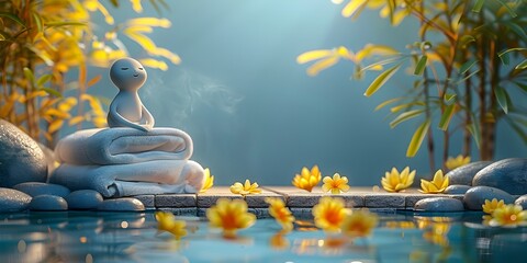Massage Therapy Figure Amid Tranquil Nature Setting with Lotus Flowers Bamboo and Calming Reflection Pool - obrazy, fototapety, plakaty