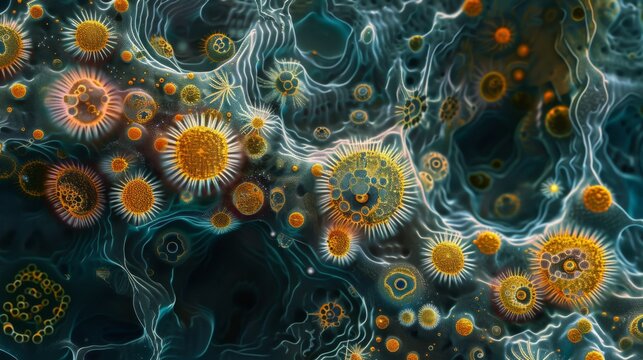 Microscopic world full of life, intricate patterns and formations of microorganisms