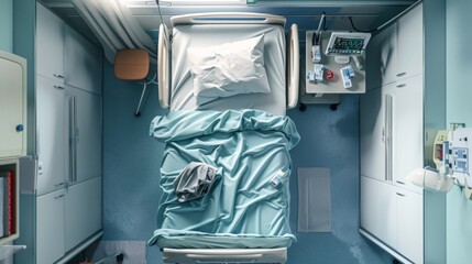 Beds in hospital wards at an angle from above, medical monitoring devices in the background