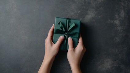 Girl`s hands hold a gift box with minimalist style wrapping design. The concept of celebration events and wrapping gifts. Flat lay, top view