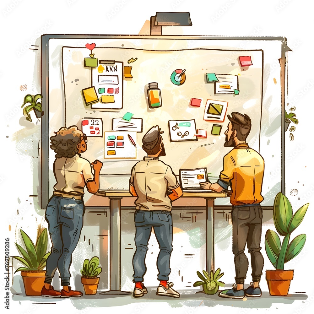 Poster startup team brainstorming and plotting the next big app on a digital whiteboard with