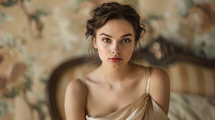 Young woman in an elegant beige silk dress