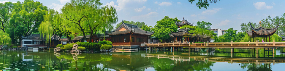 Fototapeta premium China Suzhou garden landscape banner,created with Generative AI tecnology.