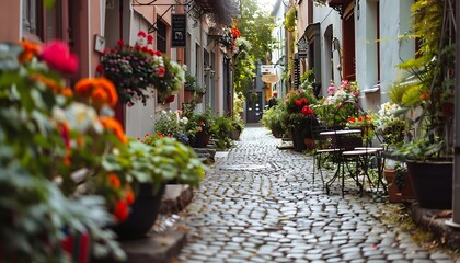 Fototapeta na wymiar Charming narrow alley with colorful flowers in pots and a table with two chairs
