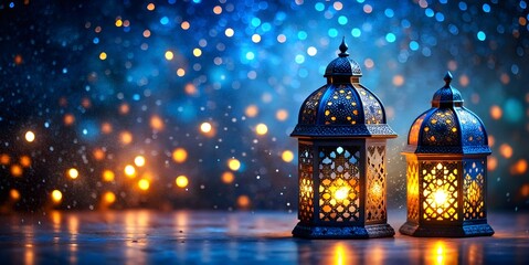 Ramadan Themed Glowing Moroccan Lanterns on Table With Festive Blue Background - obrazy, fototapety, plakaty