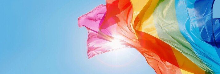 Vibrant colors of the LGBT pride flag flying proudly against a clear blue sky