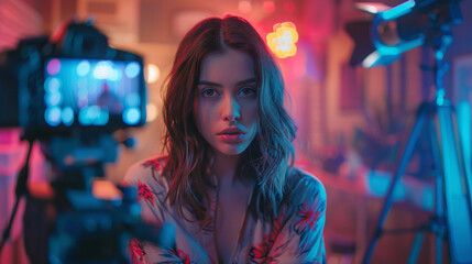 Fototapeta premium Happy girl blogger music influencer use smartphone broadcast recording wear headphone online live talk with listening audience in living room home studio at night. Content creator concept.