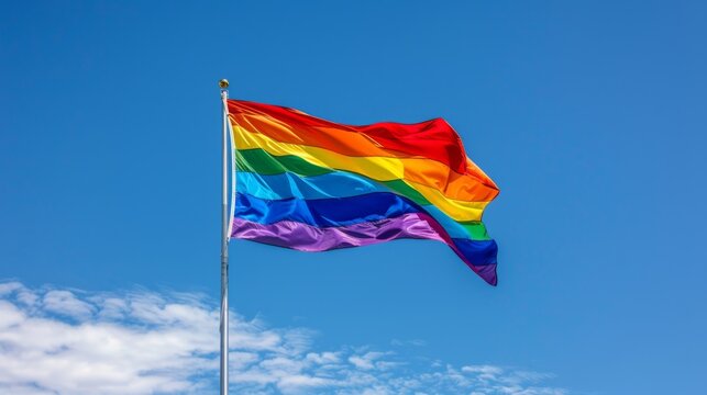 Vibrant colors of the LGBT pride flag flying proudly against a clear blue sky